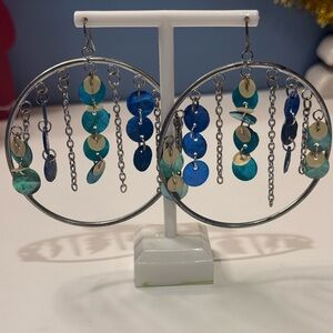 Earrings: Chic Silver Hoop Earrings with Blue and Green Accents